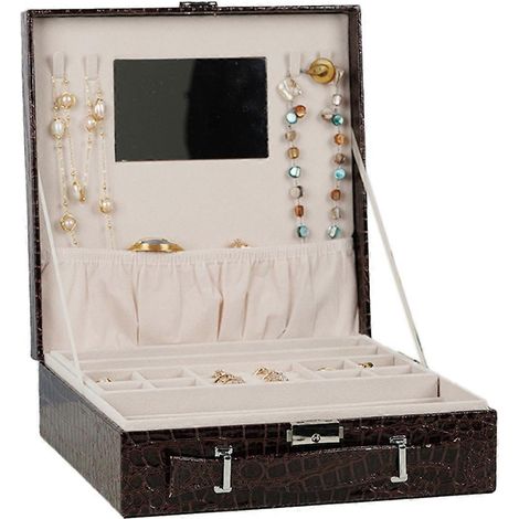 Boîte à bijoux à 3 compartiments avec serrure, en cuir PU marron foncé. (1/5)