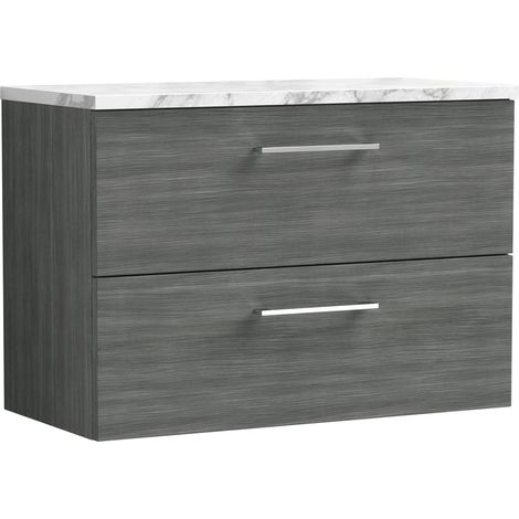 Nuie Arno Wall Hung 2-Drawer Vanity Unit with Carrera Marble Worktop 800mm Wide - Anthracite Woodgrain (1/4)