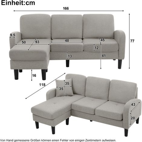 Canapé en forme de L avec chaiselongue – Canapé pour 3 personnes, dimensions : 166 x 118 x 77 cm. Matériau utilisé : coton-lin naturel pieds en plastique. Design modulaire. Idéal pour les salons, les (1/5)