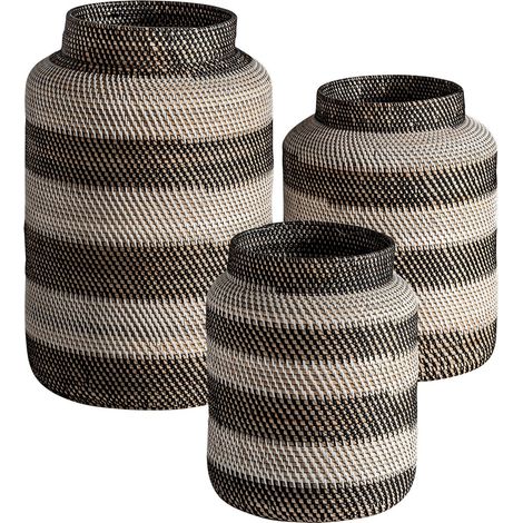 Vase Zirba ethnique chic en ratan naturel - Naturel ethnique avec motifs noirs et blancs (1/3)
