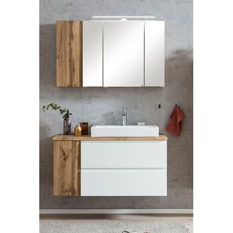 Waschplatzset inkl. Keramik-Aufsatzbecken rechts und LED Beleuchtung, Wotan Eiche Nb. mit weiß matt, VASTO-03-WHITE, B/H/T ca. 105/200/47 cm (1/5)