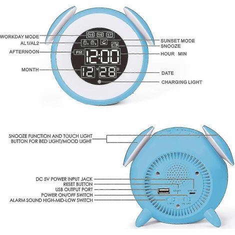 Réveil numérique, réveil pour enfants, lampe de bureau avec fonction snooze et commande tactile, port de chargement USB (1/4)