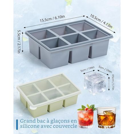 Bac à Glaçons XXL de avec Couvercle, Moule Glaçons Carrés 6 cm, Gros Glaçons pour Whisky, Cocktail, Bar Maison, Sans, Réutilisable (1/3)