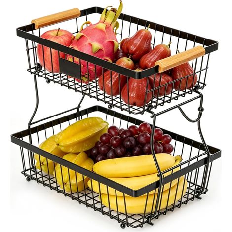 Étagère à fruits : rangement à 2 étages avec 2 porte-bananes, fil métallique pour plan de travail de cuisine, rangement des fruits et légumes, panier à fruits à plusieurs étages pour garder (1/5)