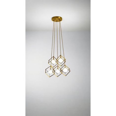 Suspension en métal or mat avec diffuseur sphérique en verre blanc, diamètre 55 cm, 5xG9 max 28W, style moderne et élégant - Marque Perenz