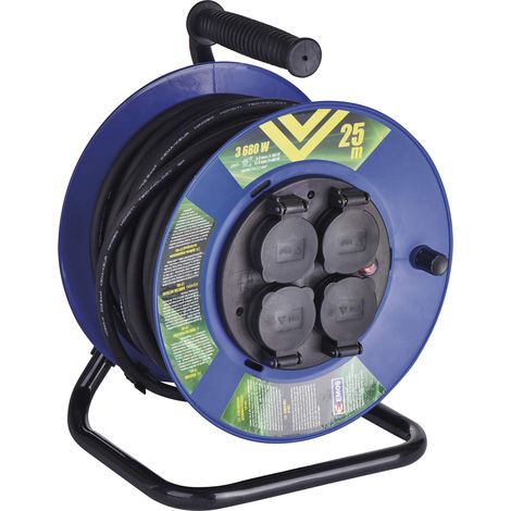 Emos P19625 Avvolgicavo Professionale prolunga, 25 m di Cavo con 4 Prese Schuko, 2,5 mm2 di Gomma, IP44, per Uso Esterno, Nero/Rosso (1/4)