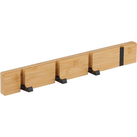 Relaxdays Garderobenleiste, 4 klappbare Haken, Bambus, Metall, zum Bohren oder Kleben, Flur Wandgarderobe, natur/schwarz