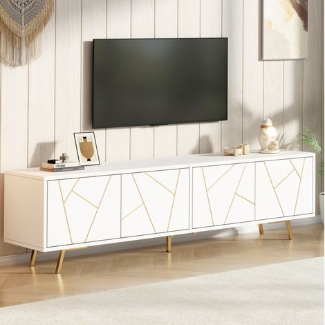 Mueble TV 190x40x51,5 cm de aglomerado blanco y dorado, 4 puertas, MEUBLIV (1/5)