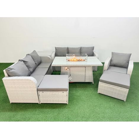 Fimous 9 Seater Poly Rattan Outdoor Garden Furniture Firepit Dining Table Sofa Set Patio 3 Seater Sofa Reclining Chair 3 Seater Sofa 2 Big Footstools Side Table Light Grey (1/4)