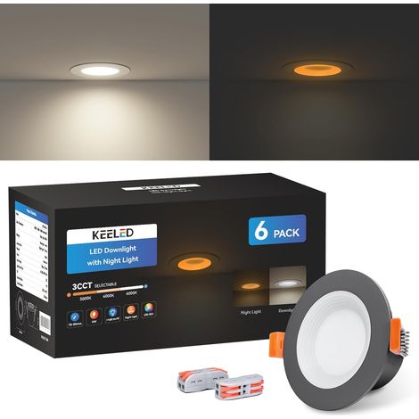 Spot LED Encastrable avec Veilleuse, 6W, 3 Températures de Couleur Sélectionnables 3000K/4000K/6000K, 230V, Découpe 70-85mm, Lot de 6 (1/5)