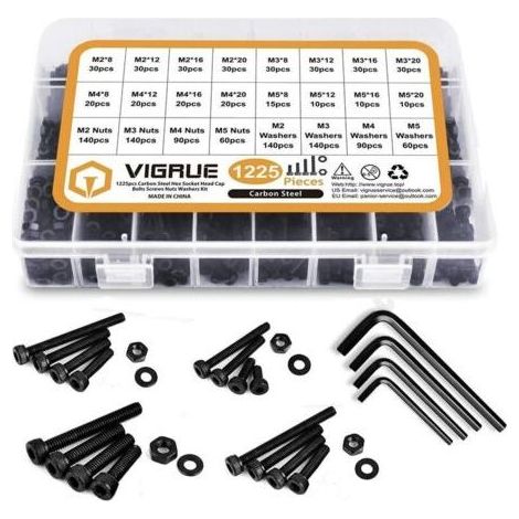 Kit 1225PCS M2 M3 M4 M5 en Acier au Carbone Bouton à tête hexagonale Socket Tête Câble Boulons Vis avec écrous Assortiment (Noir) (1/5)