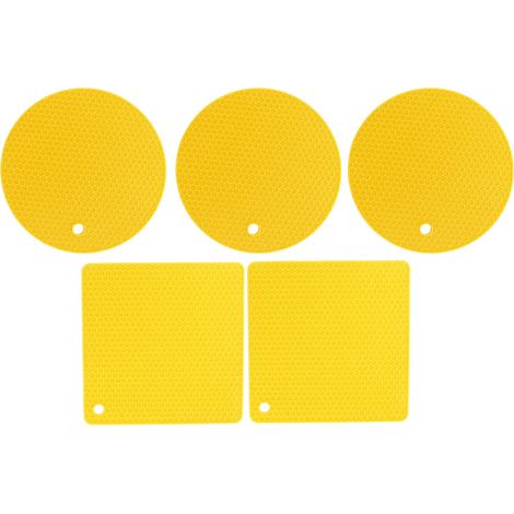 Set di 5 sottopentola in silicone termoresistente, con motivo a nido d'ape giallo, rotondi e quadrati antiscivolo per la cucina. (1/5)