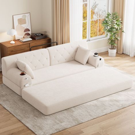 Sofá Cama de 3 Plazas, Sofá de Corduroy Compacto con Respaldo Alto, Estructura de Metal, Espuma de Alta Densidad, 2 Portavasos y 4 Bolsillos Laterales, Adecuado para Salones y Espacios Pequeños, Beige (1/5)