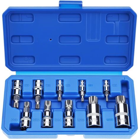 Set of 10 XZN socket set, 1/2", 1/4" and 3/8" drives, internal flute sockets M4 to M18, high gloss chrome (1/5)