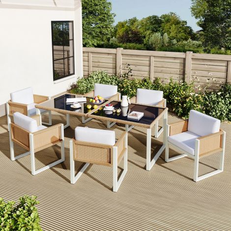 Gartenmöbel-Set aus Polyrattan, bestehend aus Tisch und Stühlen, 6-Personen-Essgruppe mit Armlehnstühlen und abnehmbaren Stoffbezügen