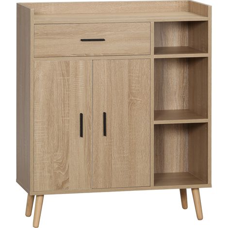 Moderner Wohnzimmerschrank mit 2 Türen, 1 Schublade und 3 offenen Regalböden, 80 x 30 x 96,5 cm, Natur