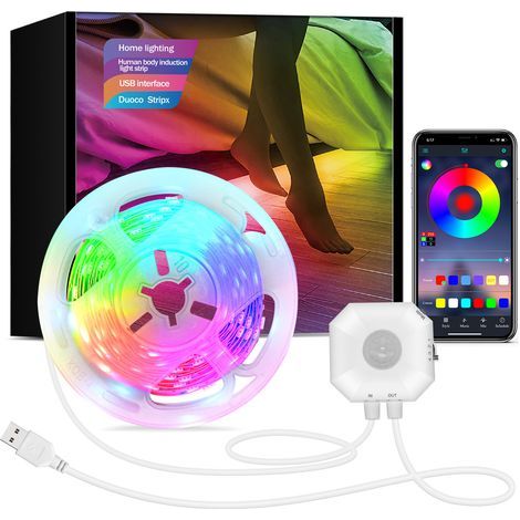 Bande LED avec détecteur de mouvement pour une utilisation intérieure, contrôle RGB via application, alimentation USB, 5 m, idéale pour les cuisines, les escaliers, les dressings. (1/5)
