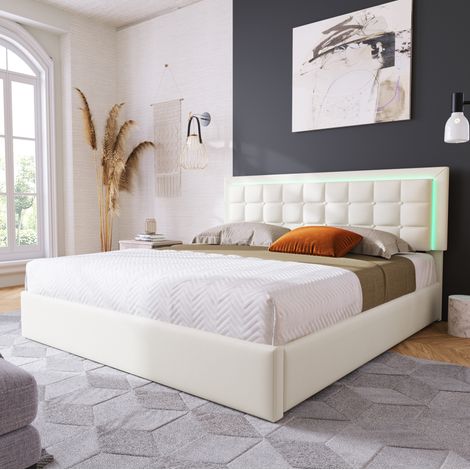 Lit rembourré avec coffre et LED 180x200 cm, simili cuir blanc, sommier à lattes, tête de lit capitonnée (1/5)