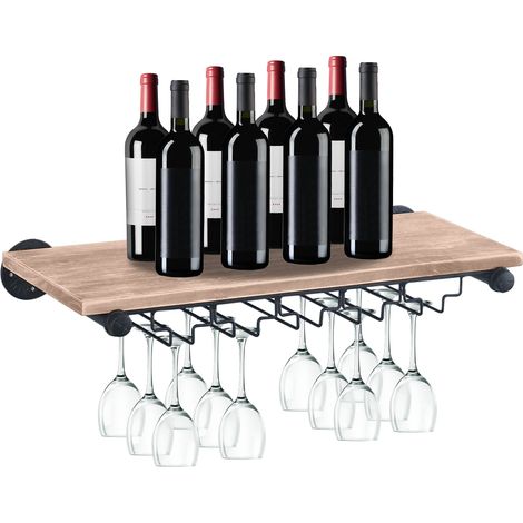 Casier à vin mural en bois - Étagère à vin industrielle avec porte-verres suspendu, pour bar, salle à mange et cuisine, 61 x 25 cm (1/5)