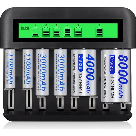 Chargeur de batterie universel – Chargeur de batterie 8 baies avec écran LCD pour piles rechargeables AA/AAA/C/D, chargeur rapide de batterie AA AAA (1/5)