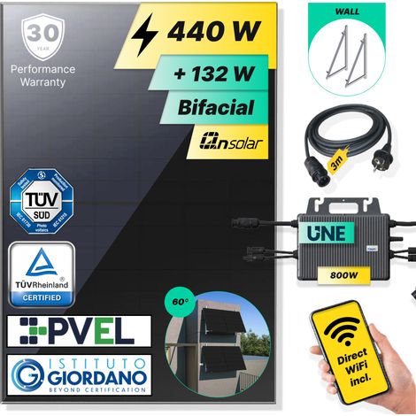 ROBINSUN®️ Kit Solar Enchufable Performance Wall-60 440Wp, 1 panel QN 440Wp + 1 Microinversor 800W con Wifi incluído + Cable 3m + 1 Fijación 60º (1/5)