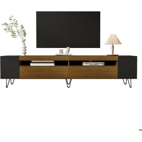 Meuble TV - SOGEU - Moderne noir et bois - 180 cm - Noir et aspect bois - 2 portes & étagères ouvertes (1/5)