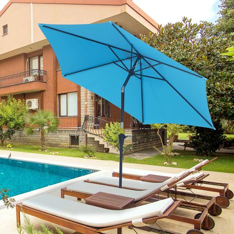Parasol jardin Ø260x235cm inclinable manivelle poteau aluminium amovible 6 tiges, bleu (1/4)