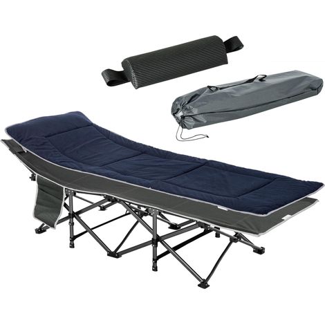 Lit de camp pliable bleu foncé et gris avec oreiller, dimensions 188 x 64,5 x 53 cm, pour camping ou invités. (1/5)
