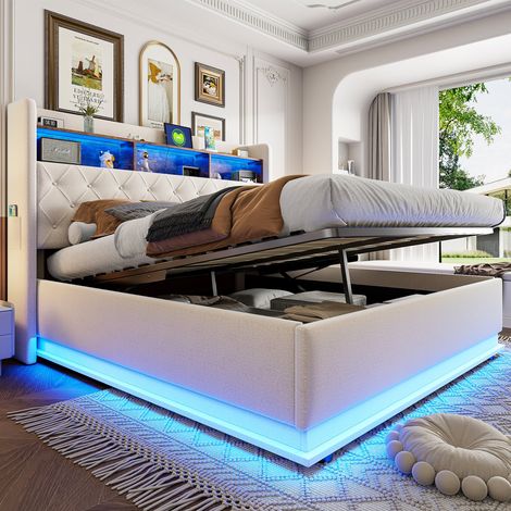 Cama De Almacenamiento Hidráulica 180x200 cm LED USB Lino Beige (Sin Colchón) (1/5)