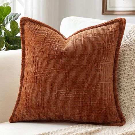 Housse de coussin décorative en chenille rouille texturée, douce et confortable, avec bords reliés, taie d'oreiller unie et rustique pour canapé, sofa, lit, salon, 50 x 50 cm (1/5)