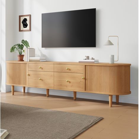 Mueble TV (180x35x50 cm), con puertas correderas, 4 cajones, bordes redondeados, MDF y aglomerado, natural (1/5)