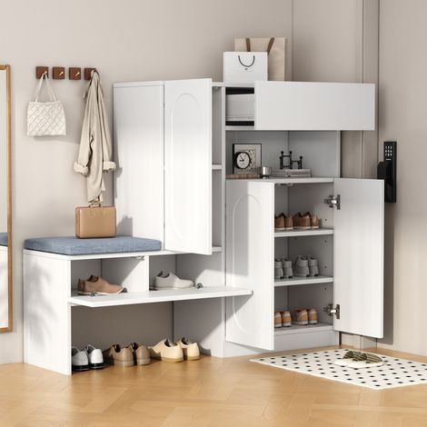 Scarpiera 130x35x110 cm bianco in truciolato con seduta imbottita, ante a chiusura ammortizzata e ripiani regolabili (1/5)