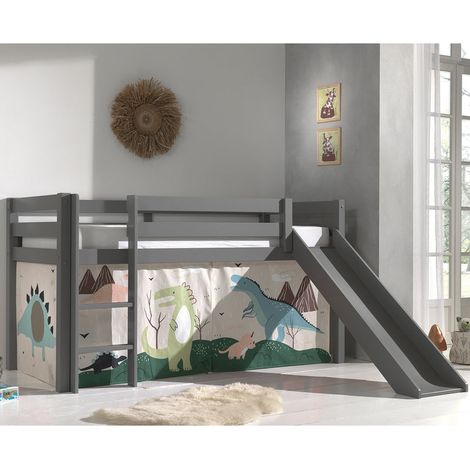 Cama de media altura 90x200 con tobogán, somier y funda Dino Vipack Pino Gris (1/4)