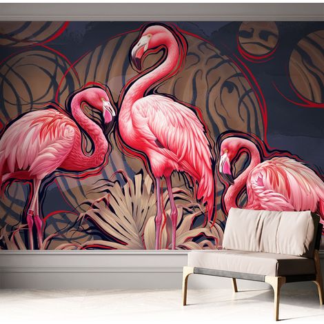 Selbstklebend Tapete modern - Wanddeko für Küche - Klebefolie Wand - luxus Look Rosa Flamingos 312x219 cm (1/5)