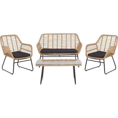 Conjunto de jardín de ratán sintético color natural con cojines y mesa de café Minori