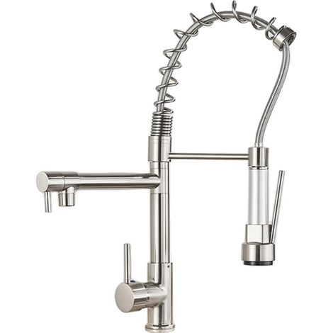 Robinet de cuisine, douchette escamotable, rotation à 360 degrés, Nickel brossé (1/2)
