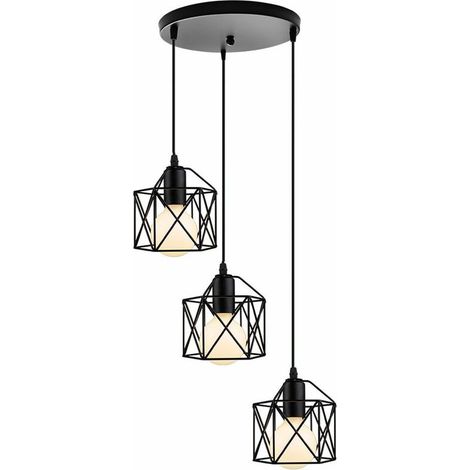 Lustre Suspension Industriel Cage forme Cube Vintage , Lustre Abat-Jour Eclairage de Plafond 3 Edison Culot E27 Lampe de Plafond , Noir BLOW (1/4)