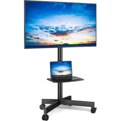 Support TV sur Pied Chariot TV Meuble Télé Support avec Roulette Pied de 27 à 60 Pouces, Mobile TV Pivotant et Réglable en Hauteur, jusqu'à 40 kg, Max VESA 400x400 mm