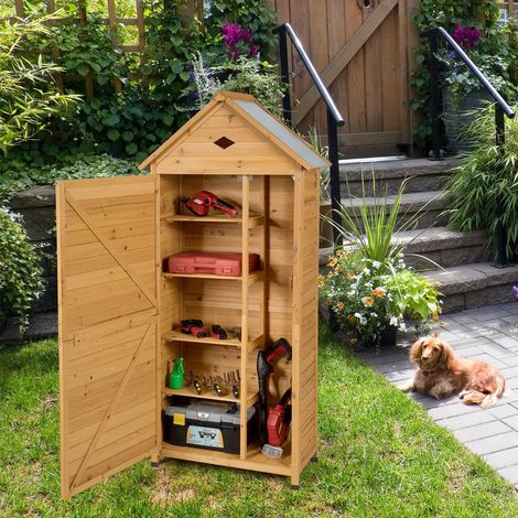 Abri de Jardin en Bois de Sapin Certifié FSC 70 x 45 x 160 cm, à 5 Etagères Verrouillable pour Outils de Jardin,Toit en Tôle Galvanisée (1/5)