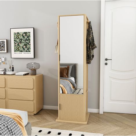 Armoire de rangement avec miroir pivotant 360°, MDF effet bois naturel HAVRYA (1/5)