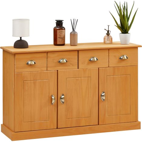 Idimex – Buffet salon Paris 116cm en pin massif lasuré brun – 2 tiroirs et 3 portes battantes – Rangement optimisé pour salle à manger ou cuisine