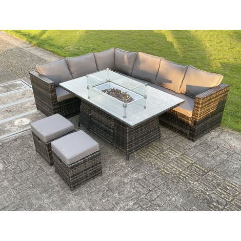 Fimous 8 Seater PE Rattan Corner Sofa Set Gas Fire Pit Dining Table Set Heater With 2 Small Stools (1/4)
