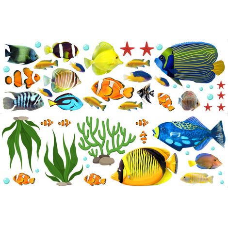 Un lot de stickers muraux poissons tropicaux Stickers Muraux Décor De Mur Autocollant Amovible pour salon Salle De Bain Chambre d'Enfant (1/5)