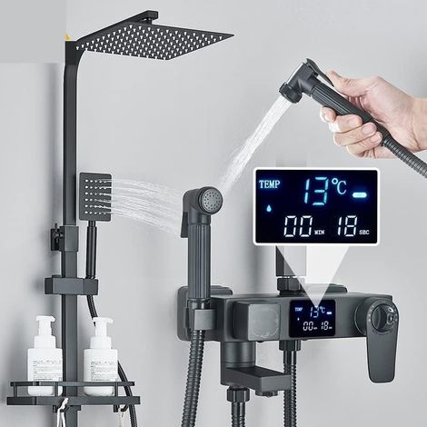 Ensemble de douche mitigeur thermostatique intelligent Robinets de douche thermostatiques à affichage numérique noir Douche à effet pluie Mitigeur thermostatique à 4 voies Commodité Étagère Bidet Robi (1/5)