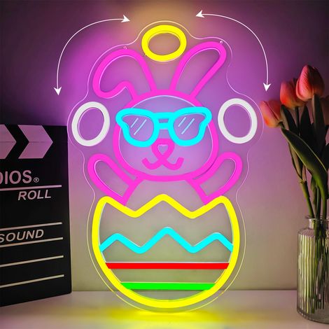 Néon de Pâques, guirlande lumineuse LED lapin lançant des œufs de Pâques, décoration de fenêtre, décoration intérieure, cadeau de fête (1/5)