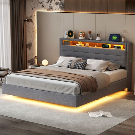 CHICFURN Cama 160x200 cm gris de lino con almacenaje hidráulico y LED, sin colchón (1/5)
