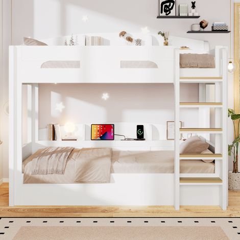 Cama alta con cama inferior, puertos USB y estantes, 90x200 cm, MDF y pino, blanco (1/5)