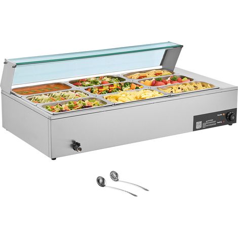 Chauffe-plat professionnel électrique 1500W en acier inoxydable, bain-marie pour buffet avec couvercle en verre, 9 bacs et louches, pour traiteur, restaurant et réception (1/5)