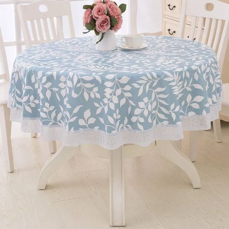 Tovaglia rotonda con motivo decorativo, lavabile e impermeabile, adatta per cucine e giardini, stile moderno (foglie blu). (1/3)