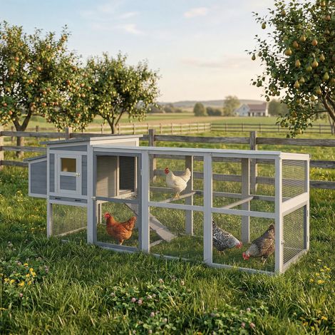 Poulailler pour 3 à 4 poules avec enclos, pondoir, toit en asphalte, bâche Oxford, tiroir coulissant, 264 x 82 x 89 cm, gris